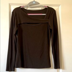 Elegant Brown Cut Out Long Sleeve Women's Top Size M